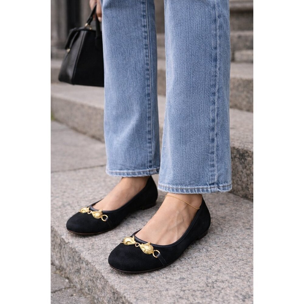 Marc Jacobs Black Suede Ballet Flats Gold Mouse Hardware EU 37 US 6.5 Luxury